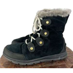 Sorel Winter Boots Womens 8.5 Explorer Joan Black Suede Ankle Lace Up Faux fur